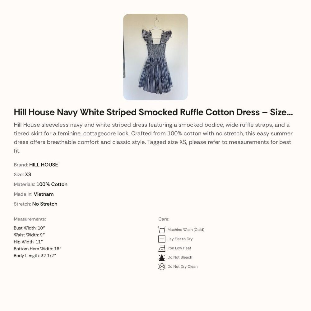 Hill House Navy White Striped Smocked Ruffle Cotton Dress – Size XS - Picture 4 of 4